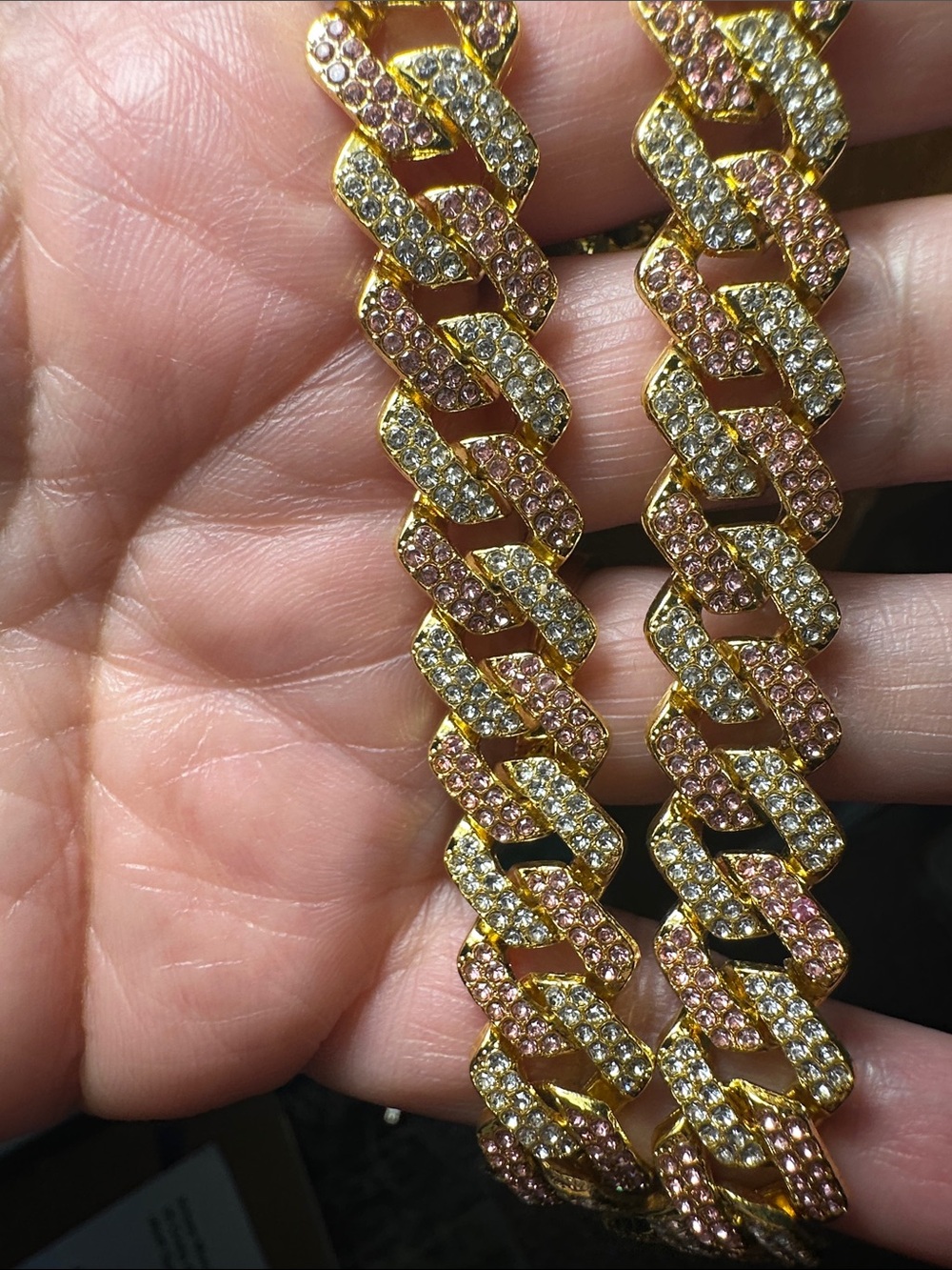 Goldtone and Pink Cuban Link Chain Necklace & bracelet set with  Pavé Crystals . - Picture 2 of 6